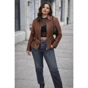 Vintage Y2K Wilson’s Leather Belted Moto Jacket Camel XL Extra Large Camel Tan